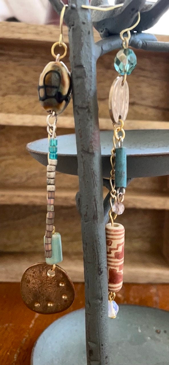 One-of-a-kind handmade mismatched mixed material long dangle earrings - vintage and new material - metal, shell, glass, clay