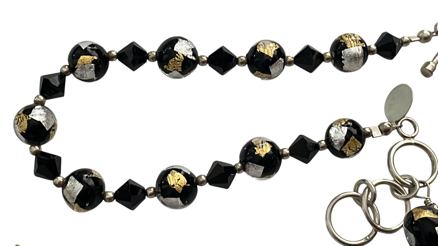 Vintage Lucky Clover brand Murano Glass Bracelet Black Gold Silver Foil Beads, Adjustable 7-8 Inch,m Italian Art Glass Jewelry
