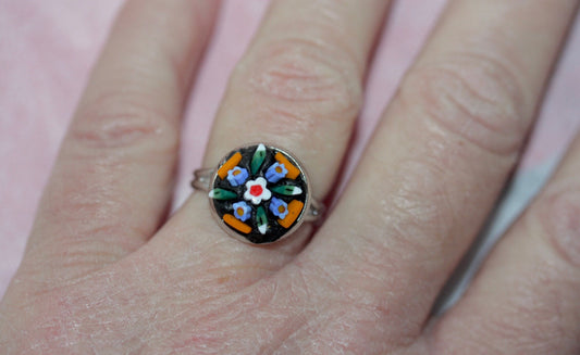 Handmade micro mosaic adjustable ring - Italian inspired - hand cut glass with millefiori flowers