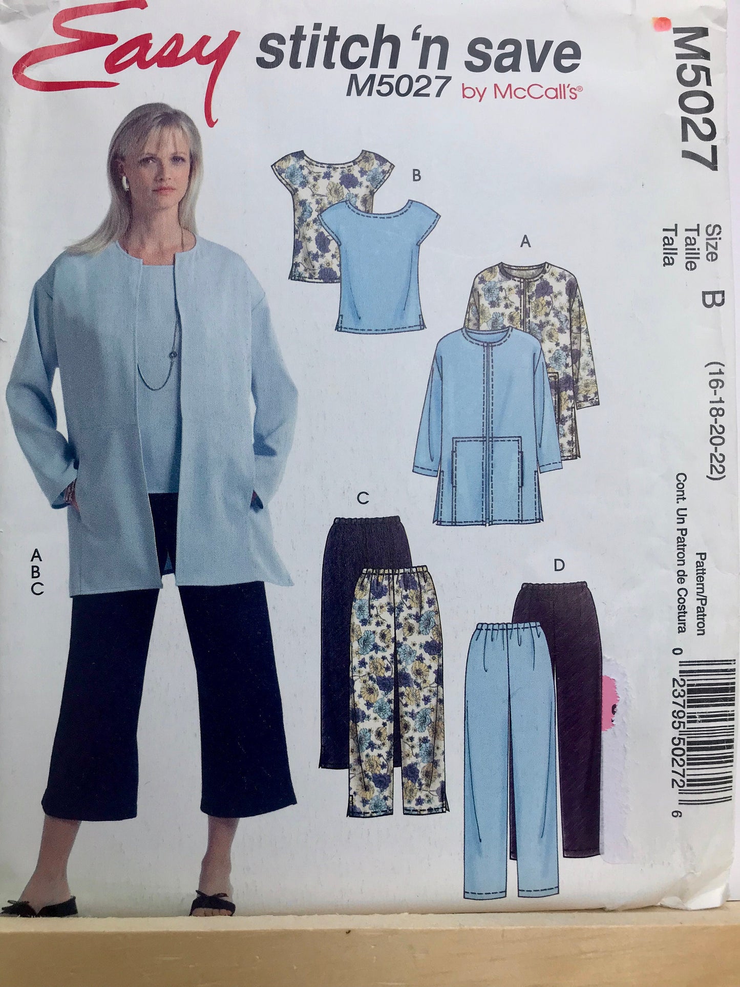 UNCUT Sewing Pattern Sizes 16-22 - Mc Call's Stitch N Save M5027 Unlined Jacket, Top and Pants -  11 pieces