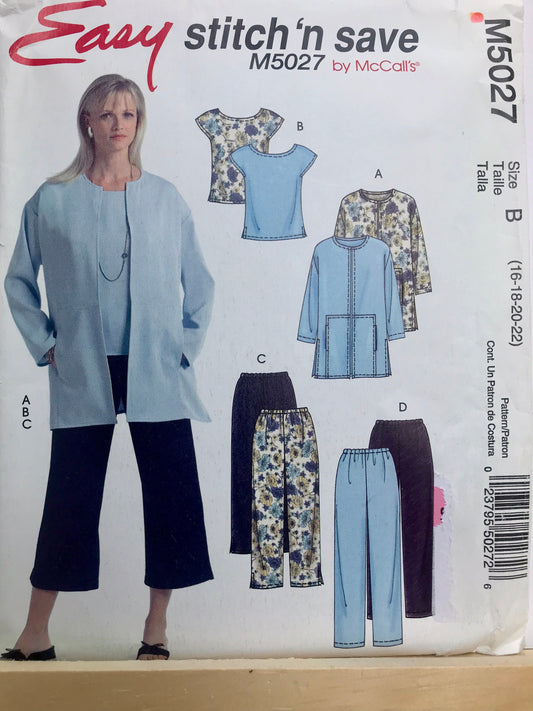 UNCUT Sewing Pattern Sizes 16-22 - Mc Call's Stitch N Save M5027 Unlined Jacket, Top and Pants -  11 pieces
