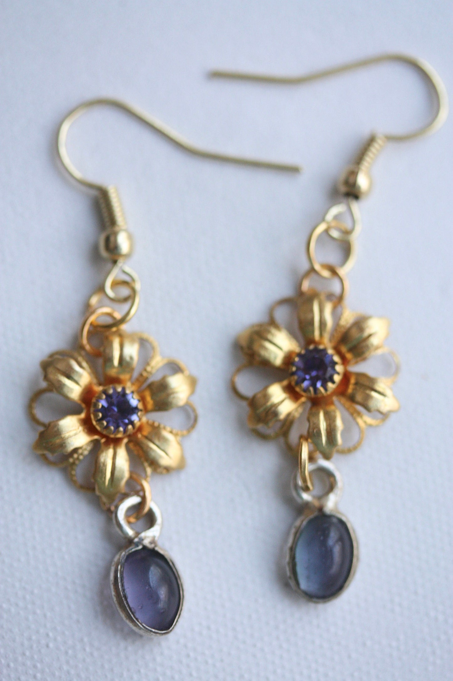 Handmade earrings - made up of vintage & new components - gold flowers with purple rhinestones and purple dangles