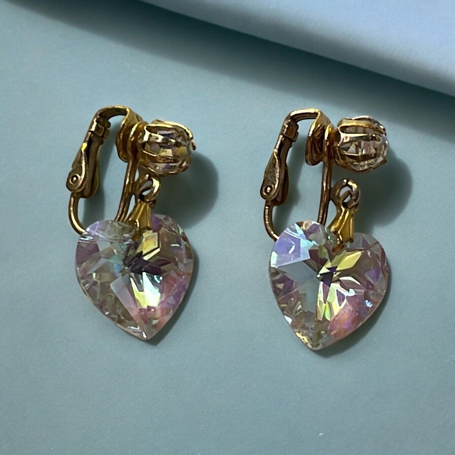 Vintage crystal heart clip on dangle earrings