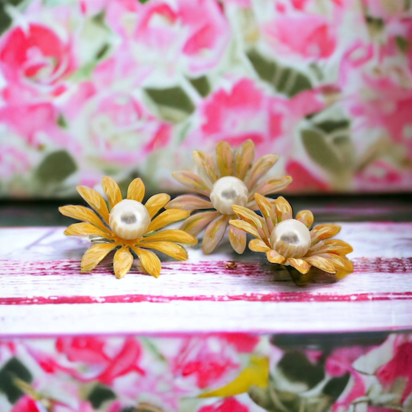 Handpainted vintage metal enamel daisy 3" flower hair clips with large faux pearl centers - or pin