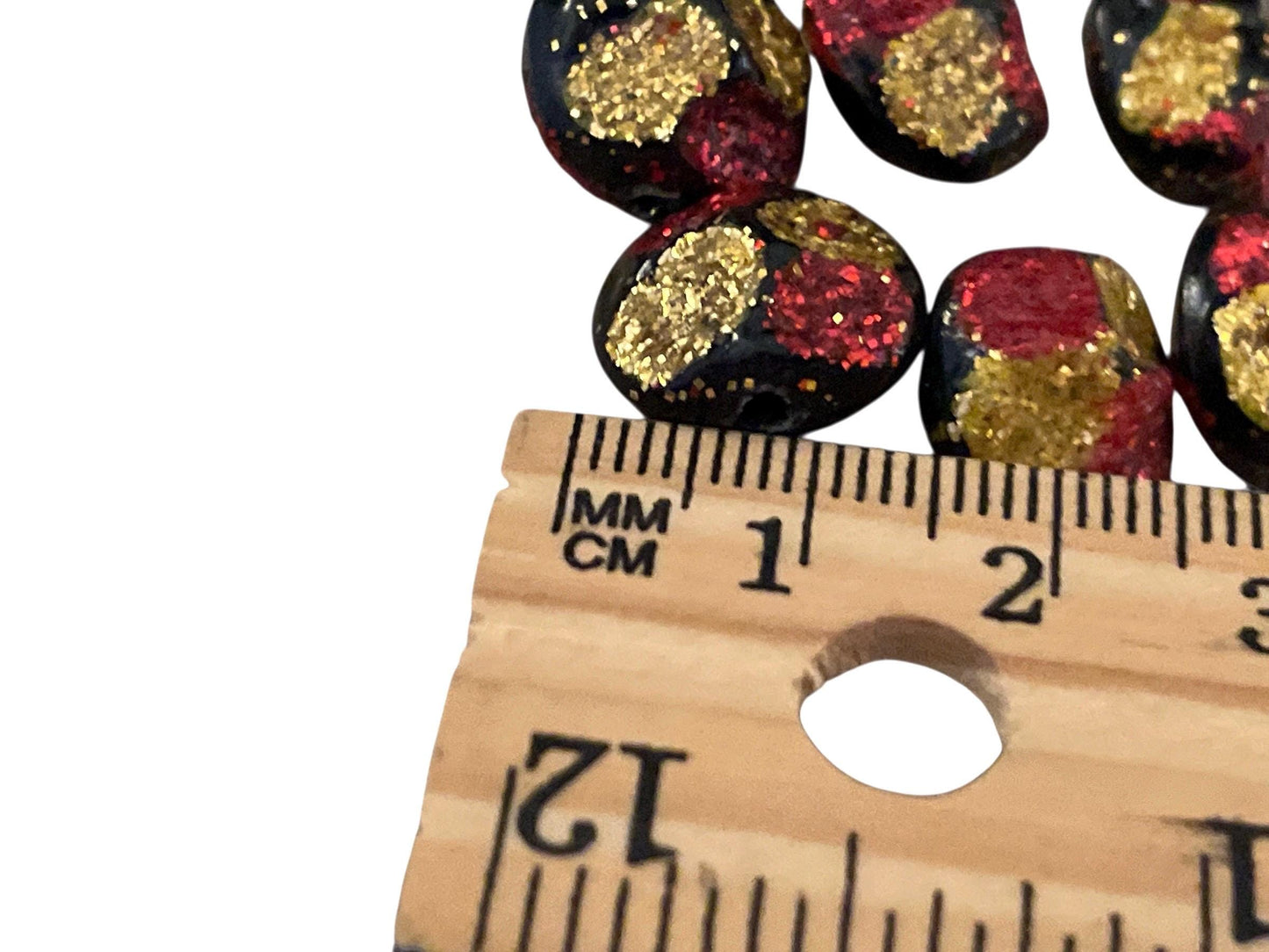 Vintage Red & Gold Glitter on uniquely shaped black Beads – for Jewelry Making