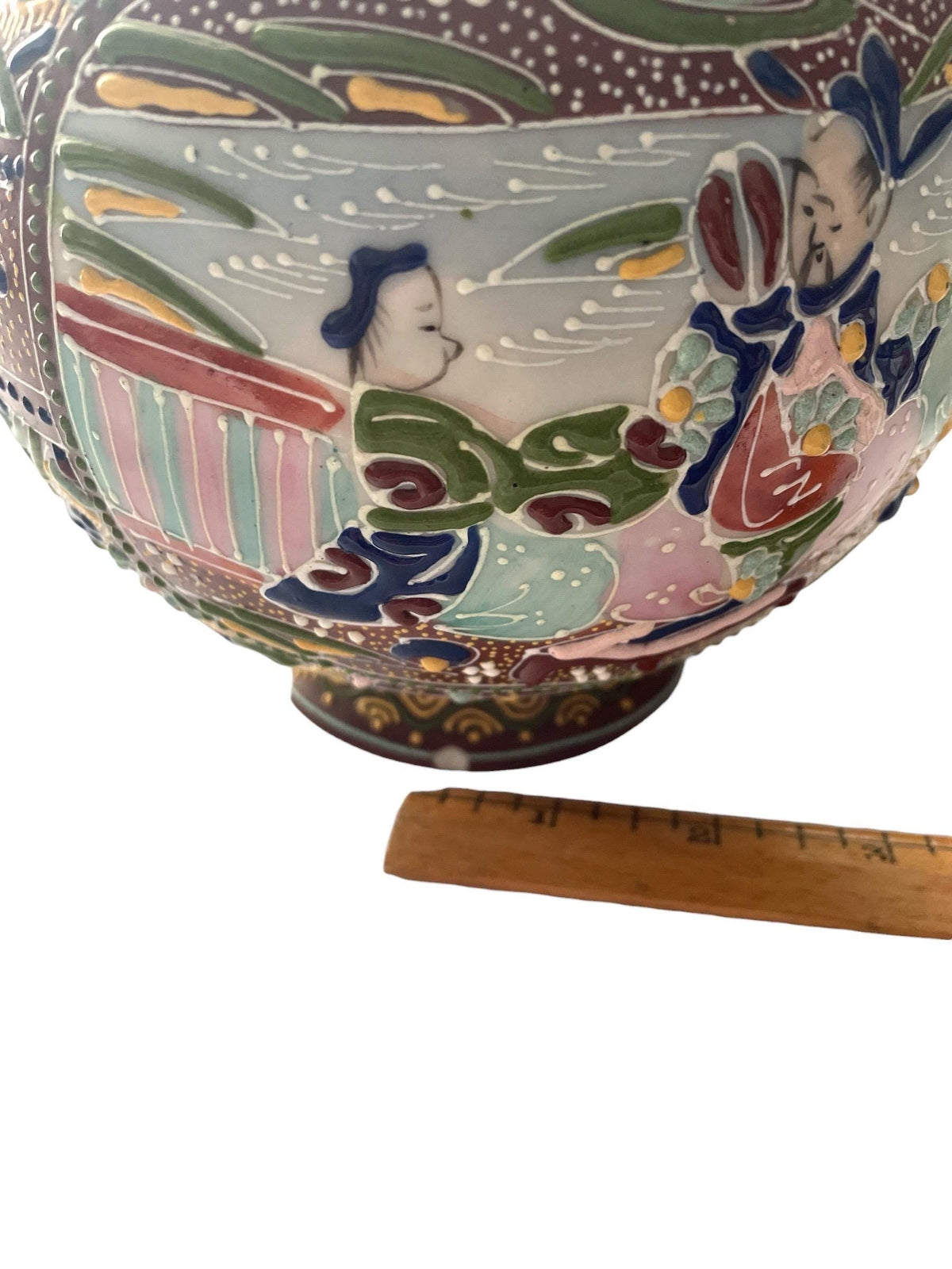 Antique Japanese Satsuma Moriage Pitcher | Hand Painted Figural Ewer Vase | Raised Enamel Gold Gilt | Meiji Style Art Pottery