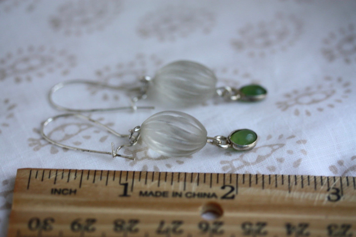 Long dangle earrings made of both new and vintage components - swirled frosted white with blue dangles