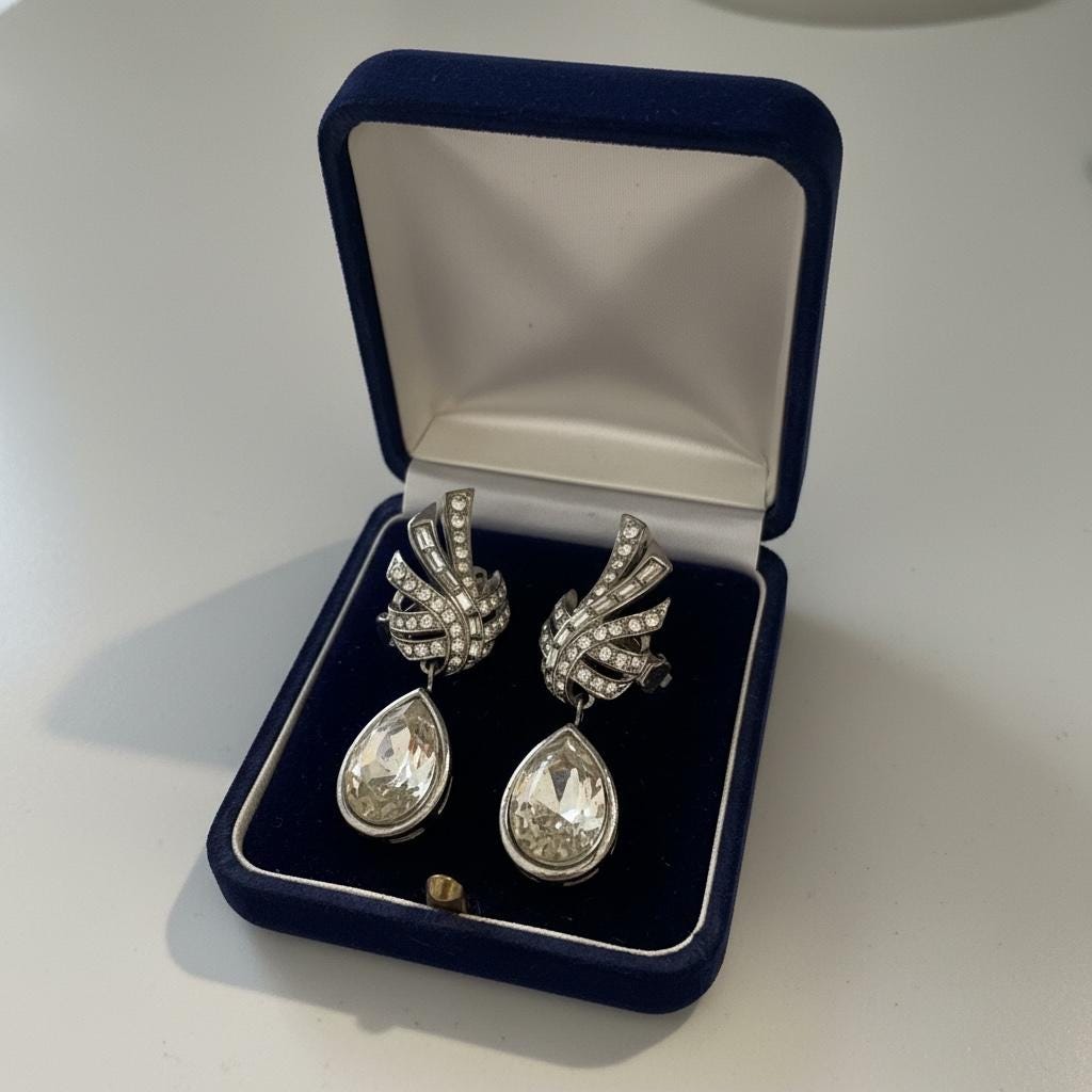 Vintage Rhinestone Teardrop Clip On Earrings | Silver Tone Art Deco Statement Dangle Jewelry