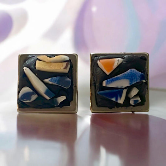 Mosaic tile abstract square stud earrings - 1/2"