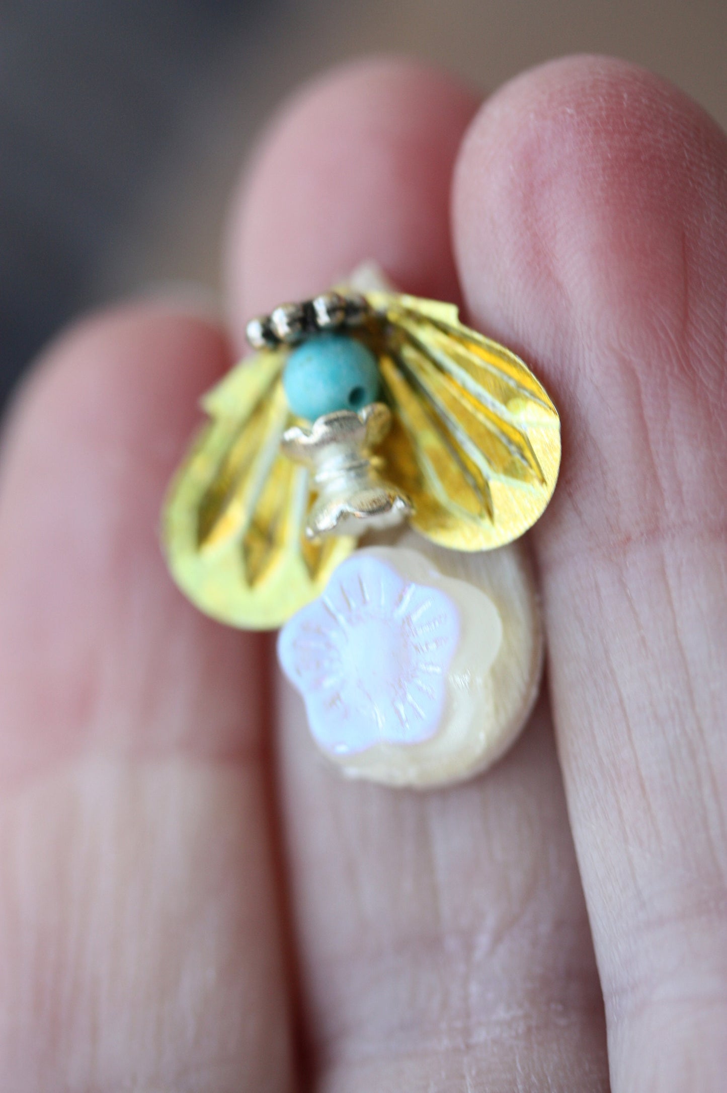 Meet "Buzz" - Assemblage art / mixed media collage - little flying insect magnet, lapel pin or necklace pendant