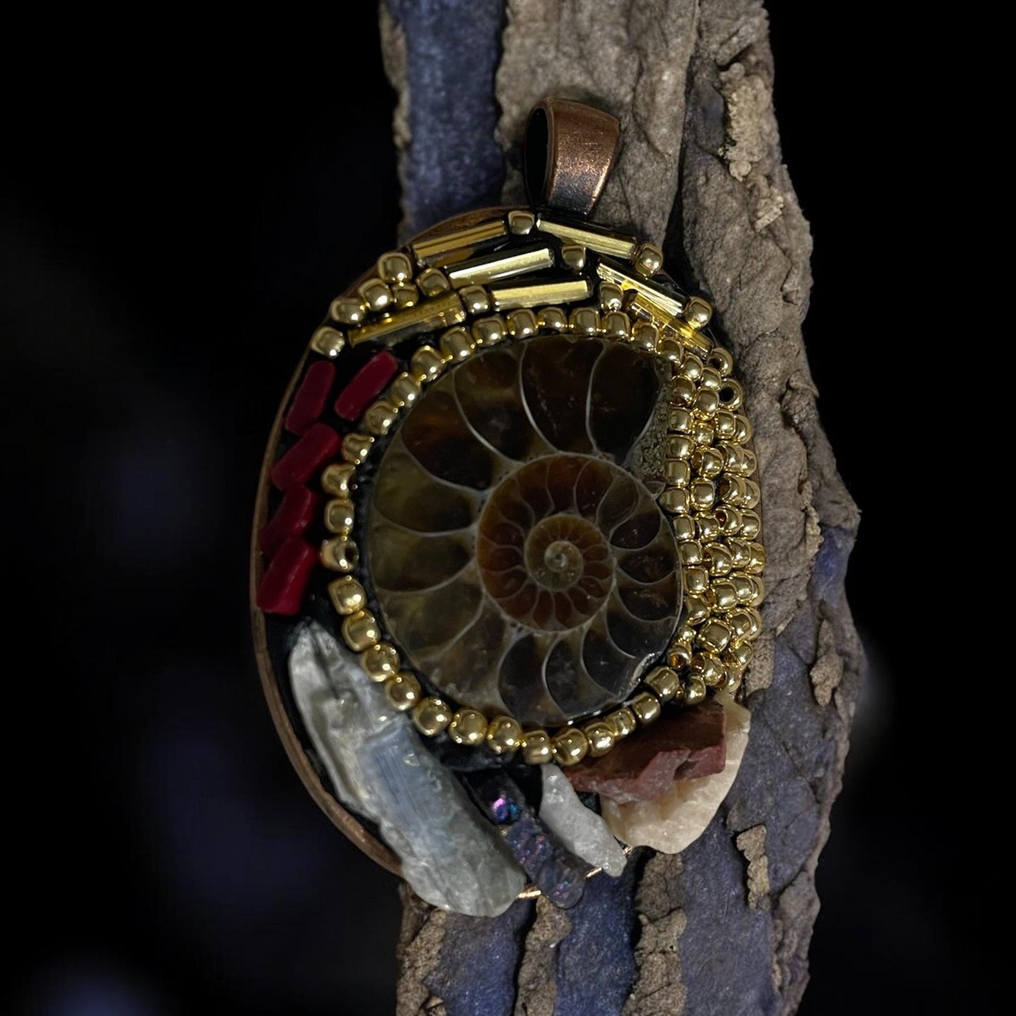 Handmade Ammonite Micro Mosaic Necklace –Unique Fossil Jewelry with Hand-Cut Italian red glass Murrini, gold beads and semi-precious stones