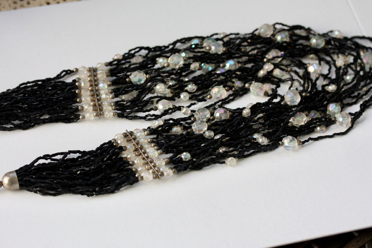Stunning all beaded black and crystal multi strand vintage necklace