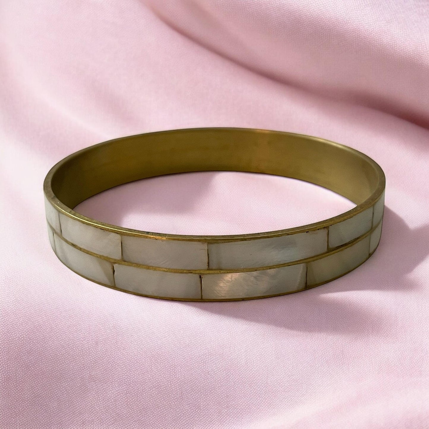 Vintage Bangle Bracelet, Inlaid Mother of Pearl & Brass
