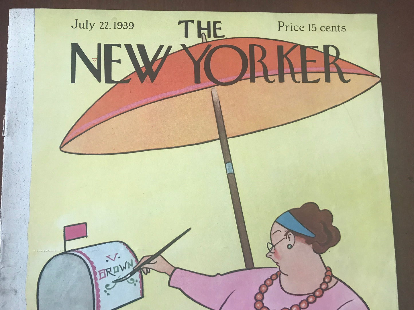 Rare - July 22, 1939 - The NEW YORKER Magazine original cover by Rea Irvin - pink dressed woman painting mailbox - please read description