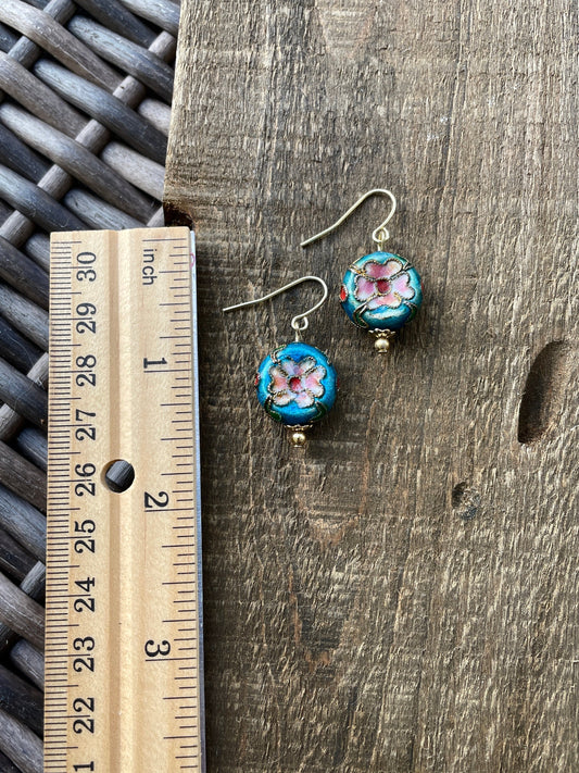 Blue floral cloisonne dangle earrings