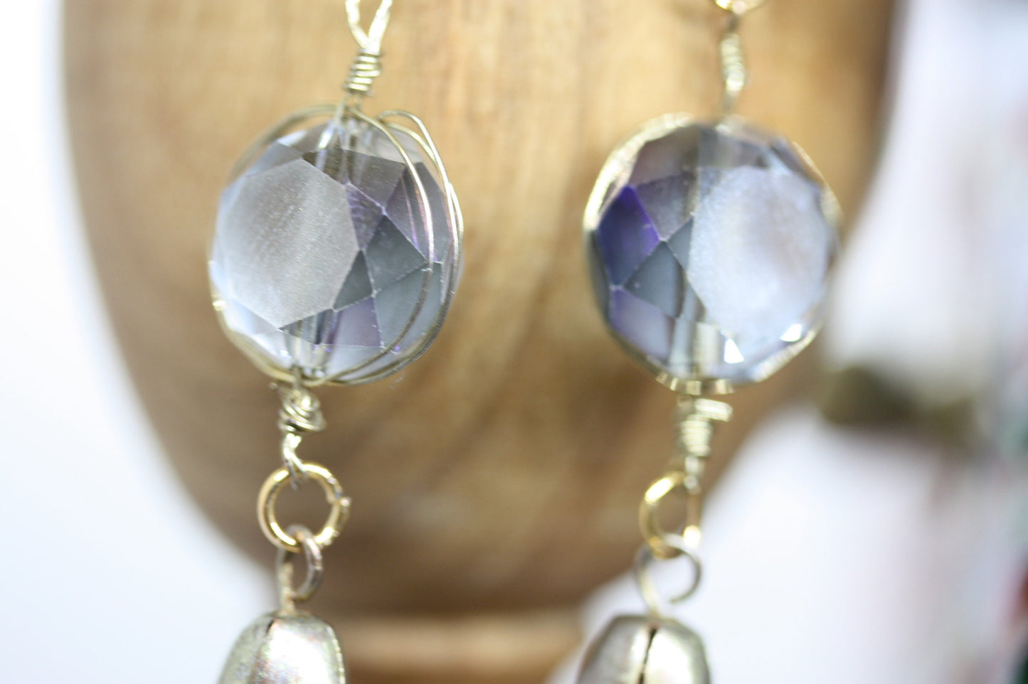 Beveled silvery blue glass and metal tassel handmade earrings