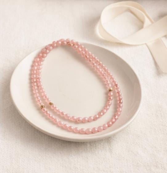 Vintage Pink Lucite Bead Necklace with Gold Ribbed Accent Beads, Blush Acrylic Statement Necklace, Minimalist Layering Jewelry