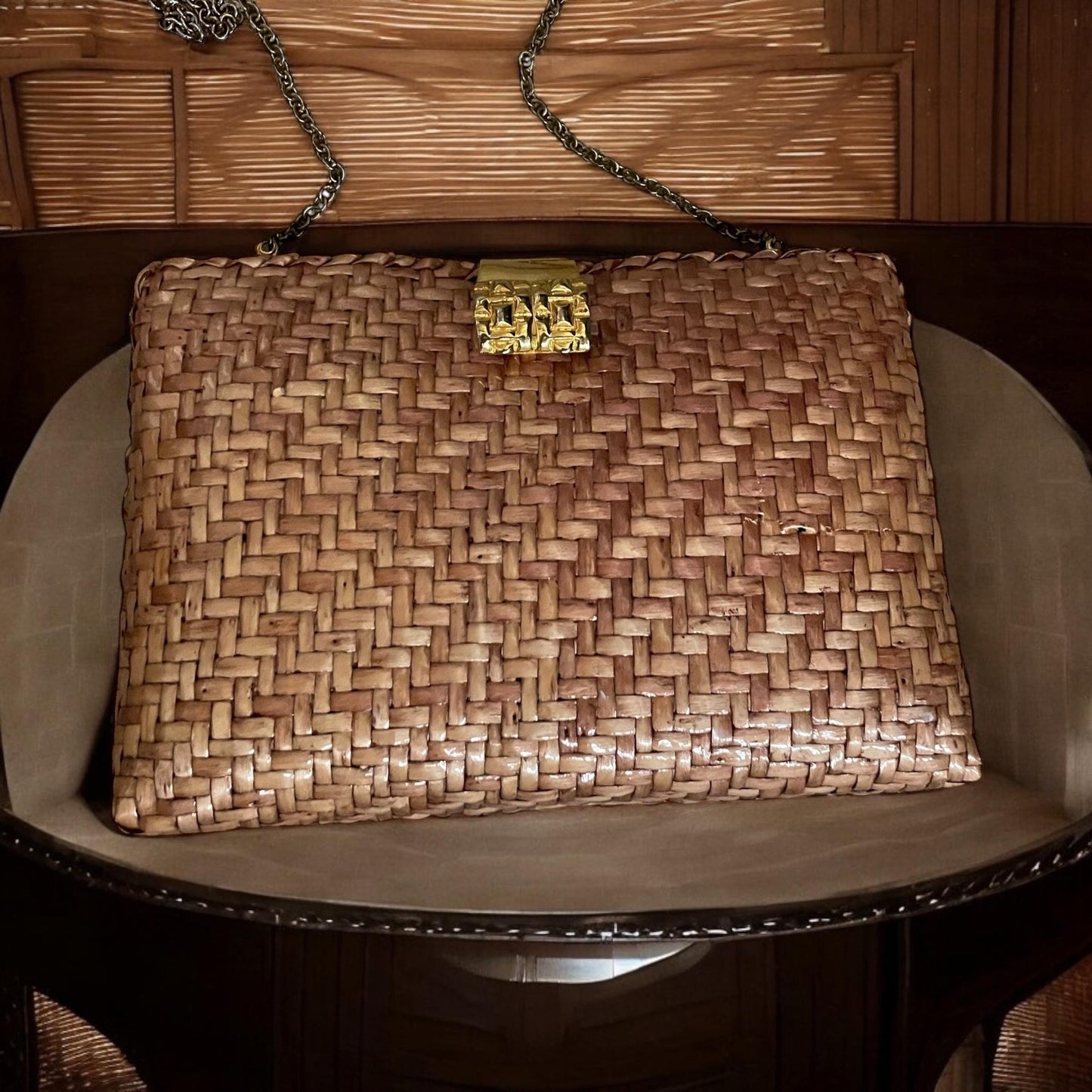 Vintage Wicker Handbag - Brown Wicker Shoulder Bag With Chain Handle & Zipper Pocket