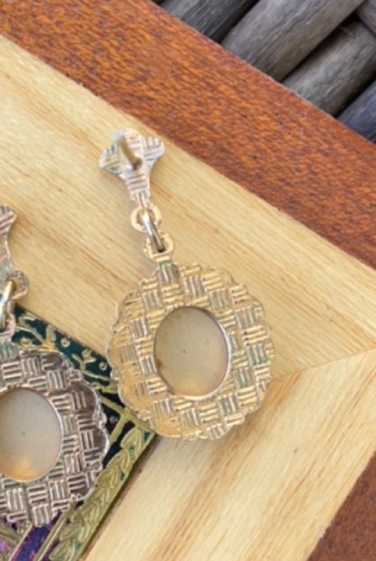 Damascene style etched metal floral small vintage dangle earrings