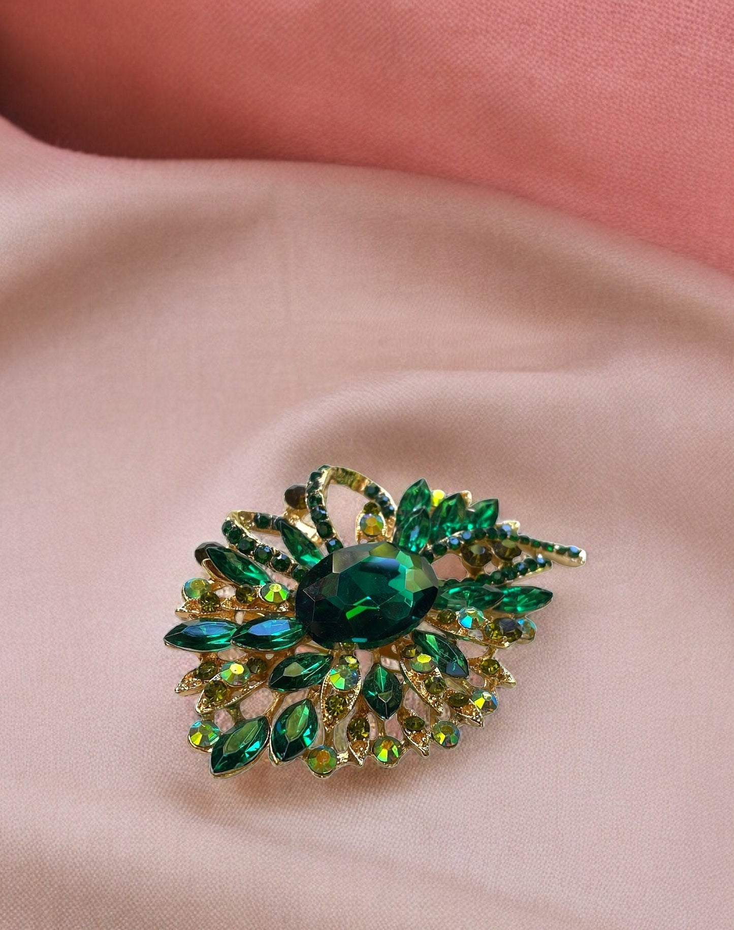 Stunning large emerald green and AB rhinestone vintage pin - 3 1/2" x 2"