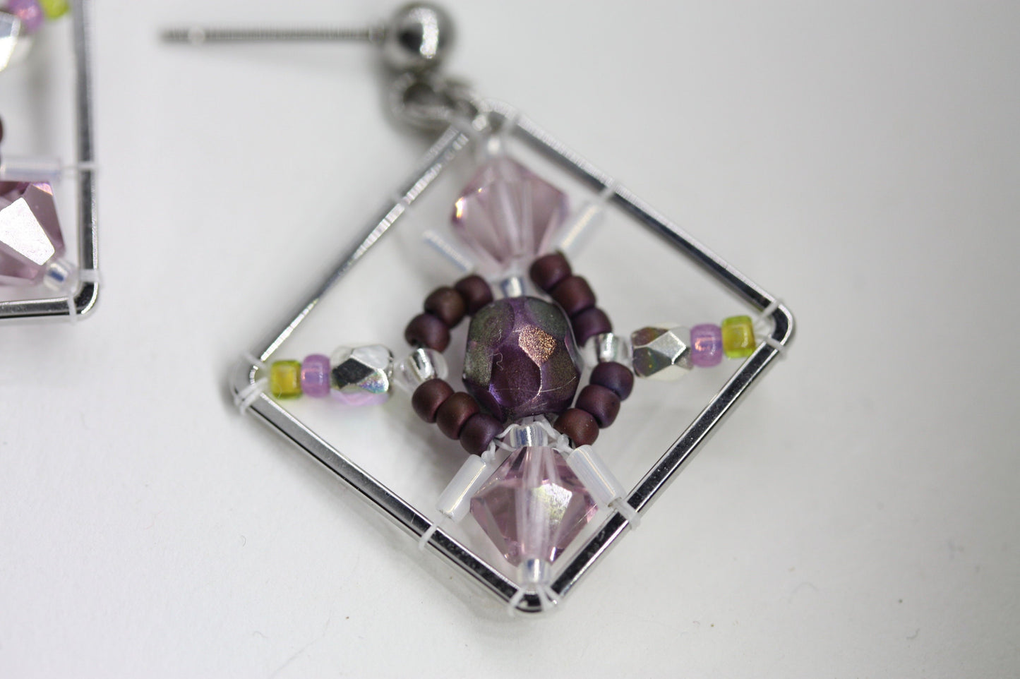 Purple, green and pink crystal and intricate beadwork small square dangle earrings
