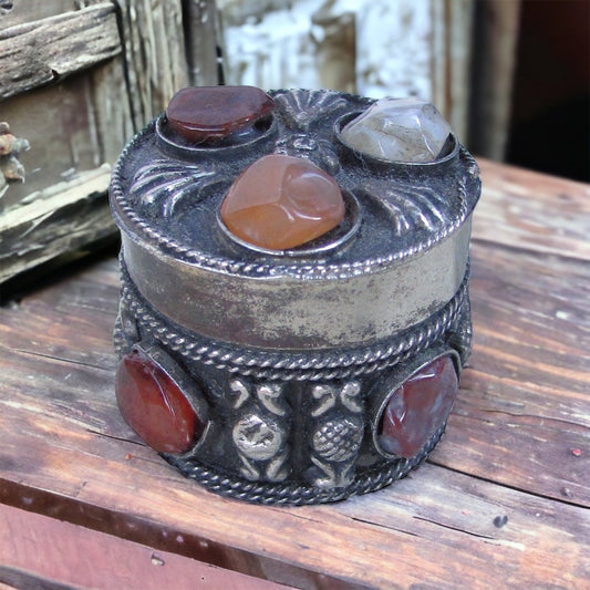 Stunning vintage Chinese hand made semi precious stone silver trinket box - ring box