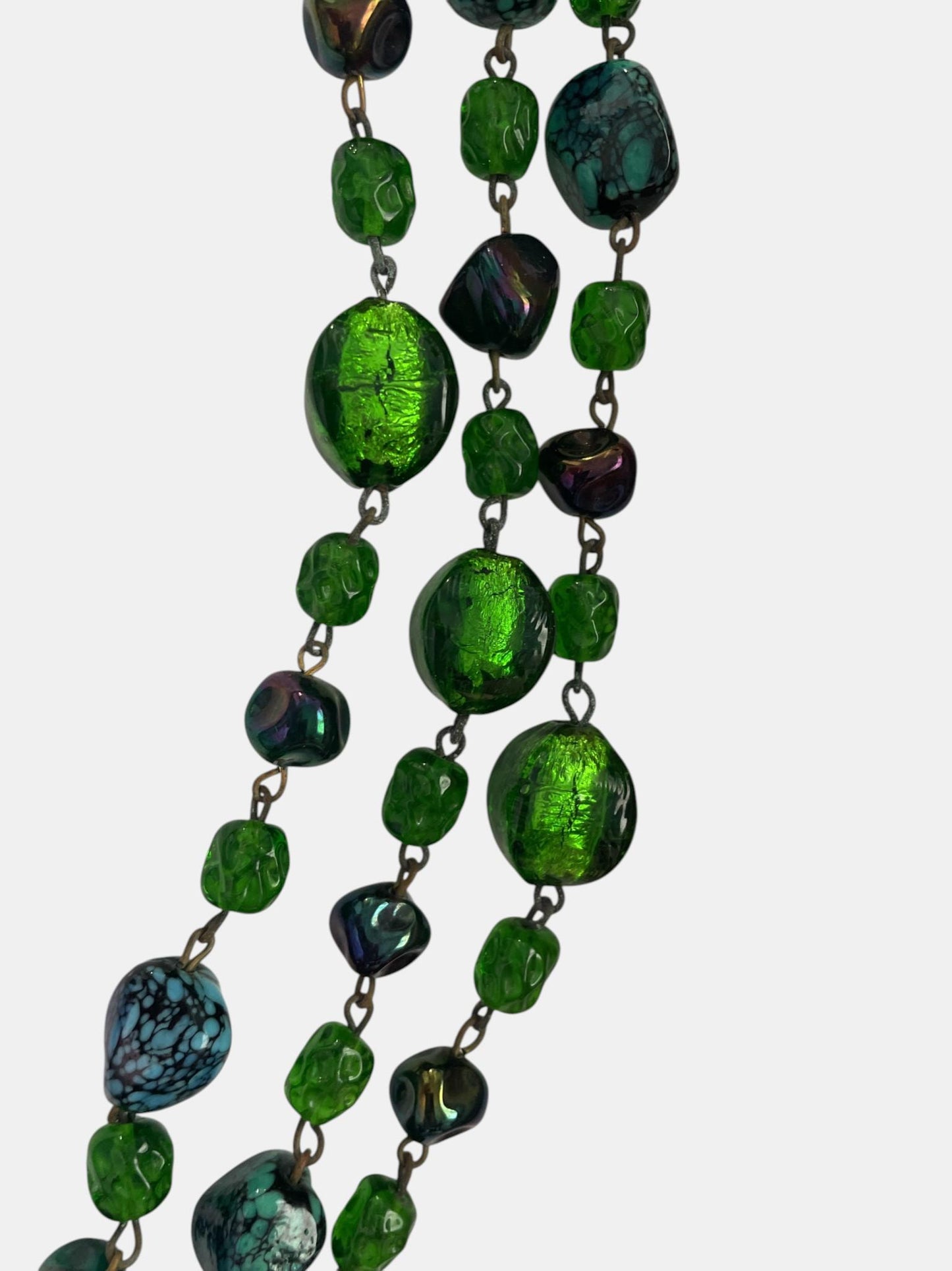Vintage Emerald Green Glass Necklace, 3 Strand Art Deco Style Statement Necklace, Foil Glass & Turquoise Look Synthetic Beads