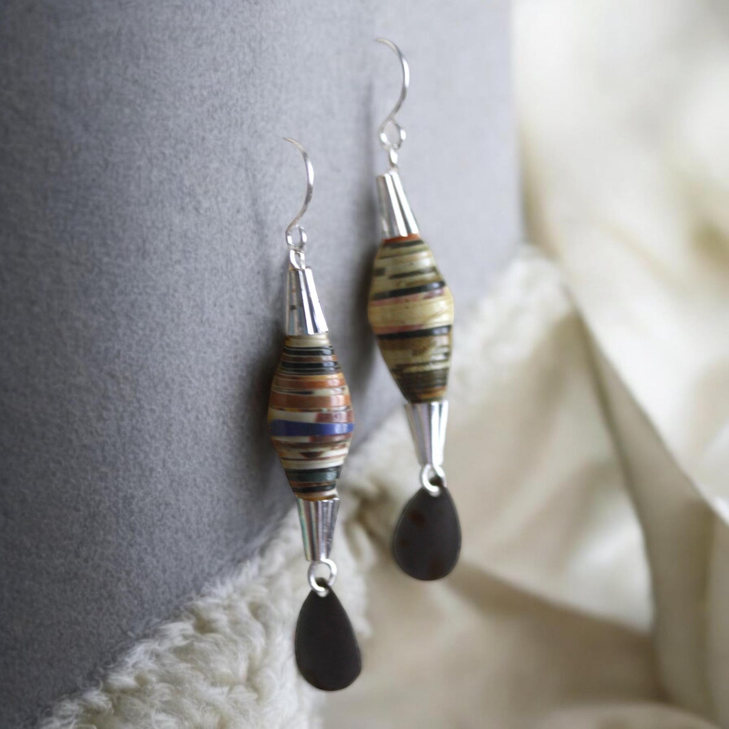 Oval rolled paper with cone metal caps and teardrop dangles - handmade earrings - 2" long