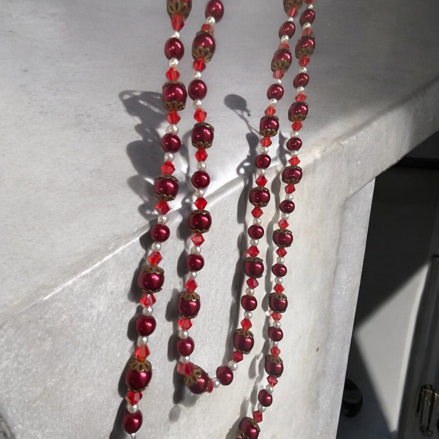 Long vintage red pearl necklace with red bicone crystals and white faux pearls