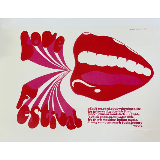 Small print of a legendary rock music concert poster/ad - from a vintage book - hippie ad for a Love Festival
