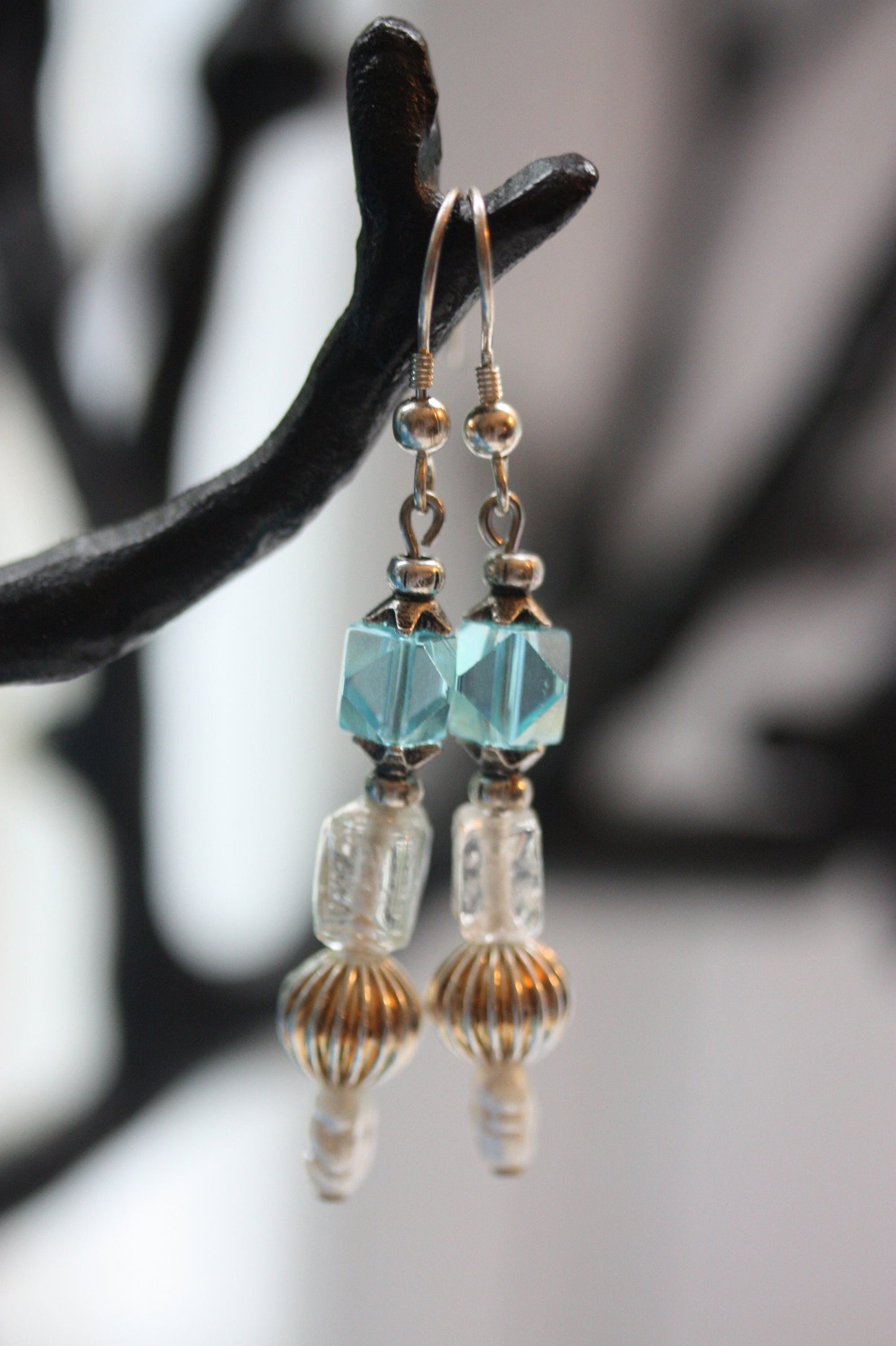 Blue crystal, pearl & uniquely shaped muted clear glass handmade dangle earrings