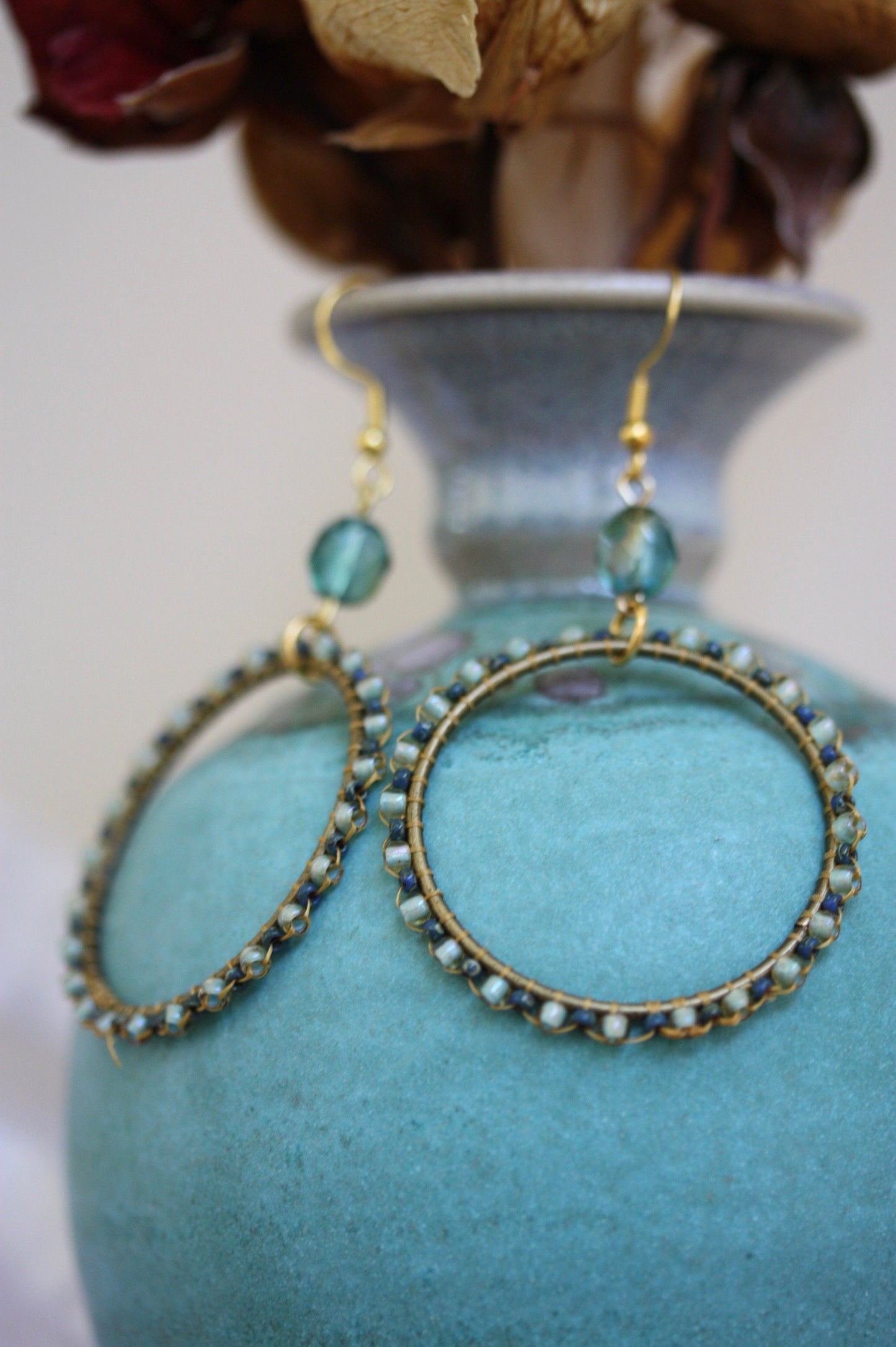 Beaded hoop earrings - shades of blue