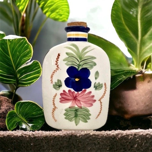 Vintage signed BIA CORDON BLEU Ceramic Bottle Jug Vase with cork Hand Painted with floral design