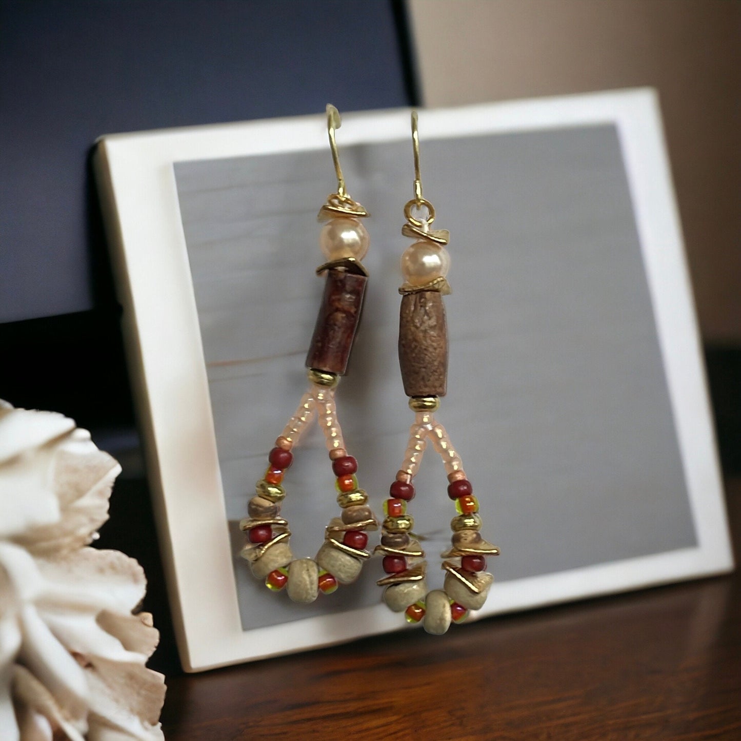 Hand beaded stunning dangle beadwork earrings - ombre shades of glass seed beads with wood, rippled metal spacers and pearls