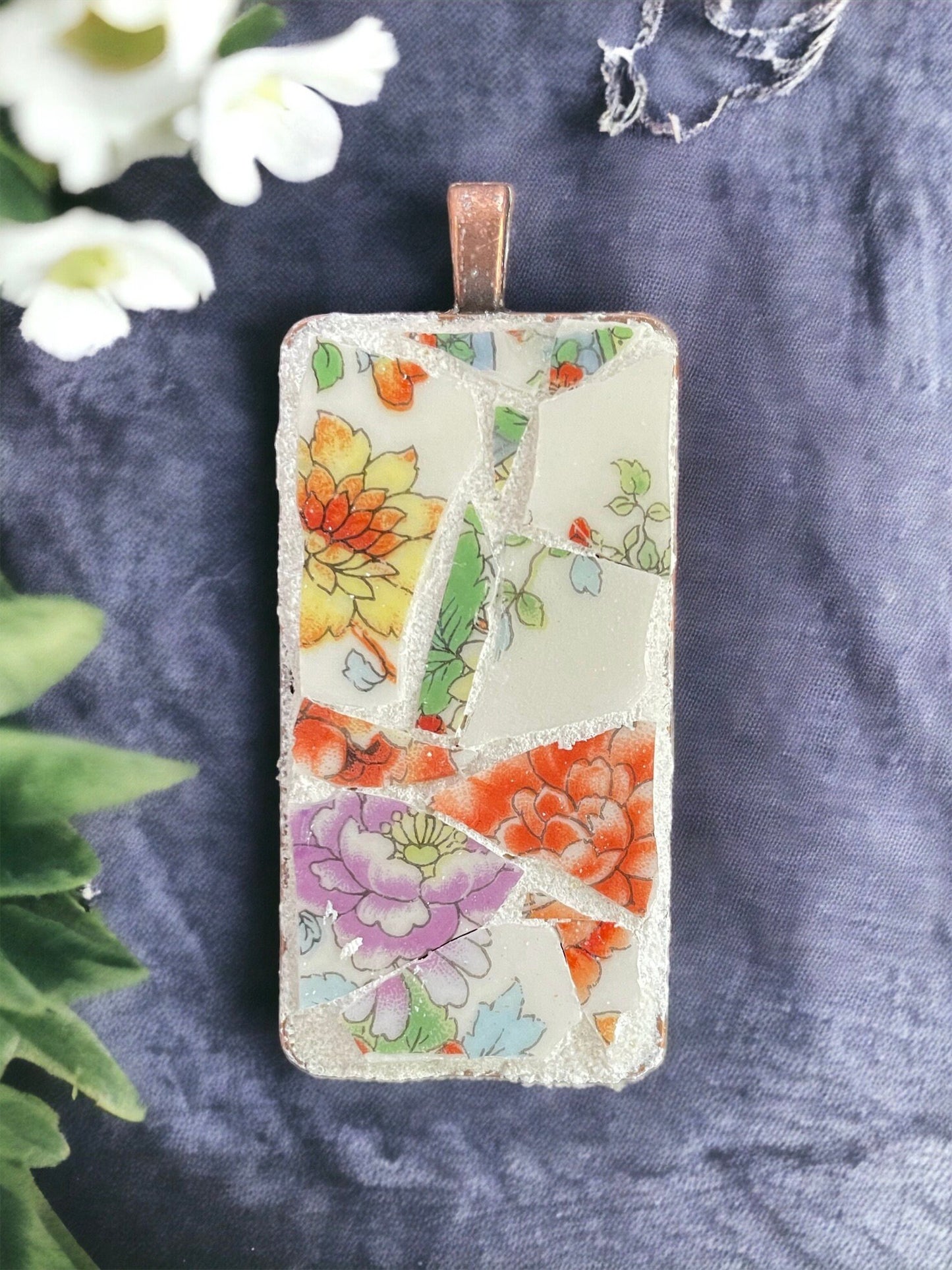 Handmade mosaic floral necklace - made of an upcycled broken vintage plate