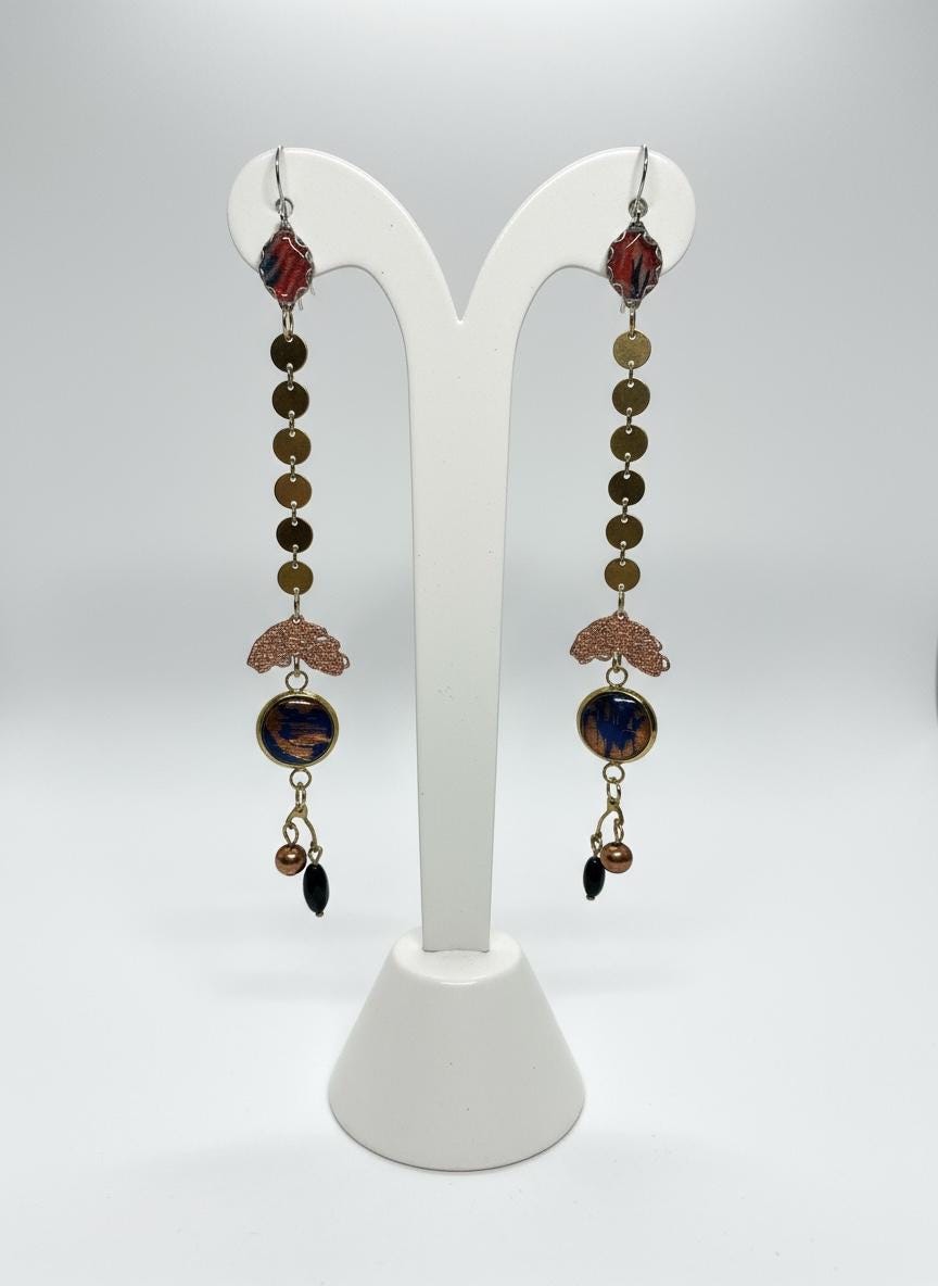 Handmade Long Boho Dangle Earrings – Mixed Metal & Fabric Statement Earrings, Artistic Drop Jewelry with Beads, Modern Design - "Red Sky"