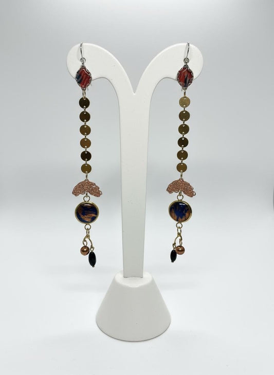 Handmade Long Boho Dangle Earrings – Mixed Metal & Fabric Statement Earrings, Artistic Drop Jewelry with Beads, Modern Design - "Red Sky"