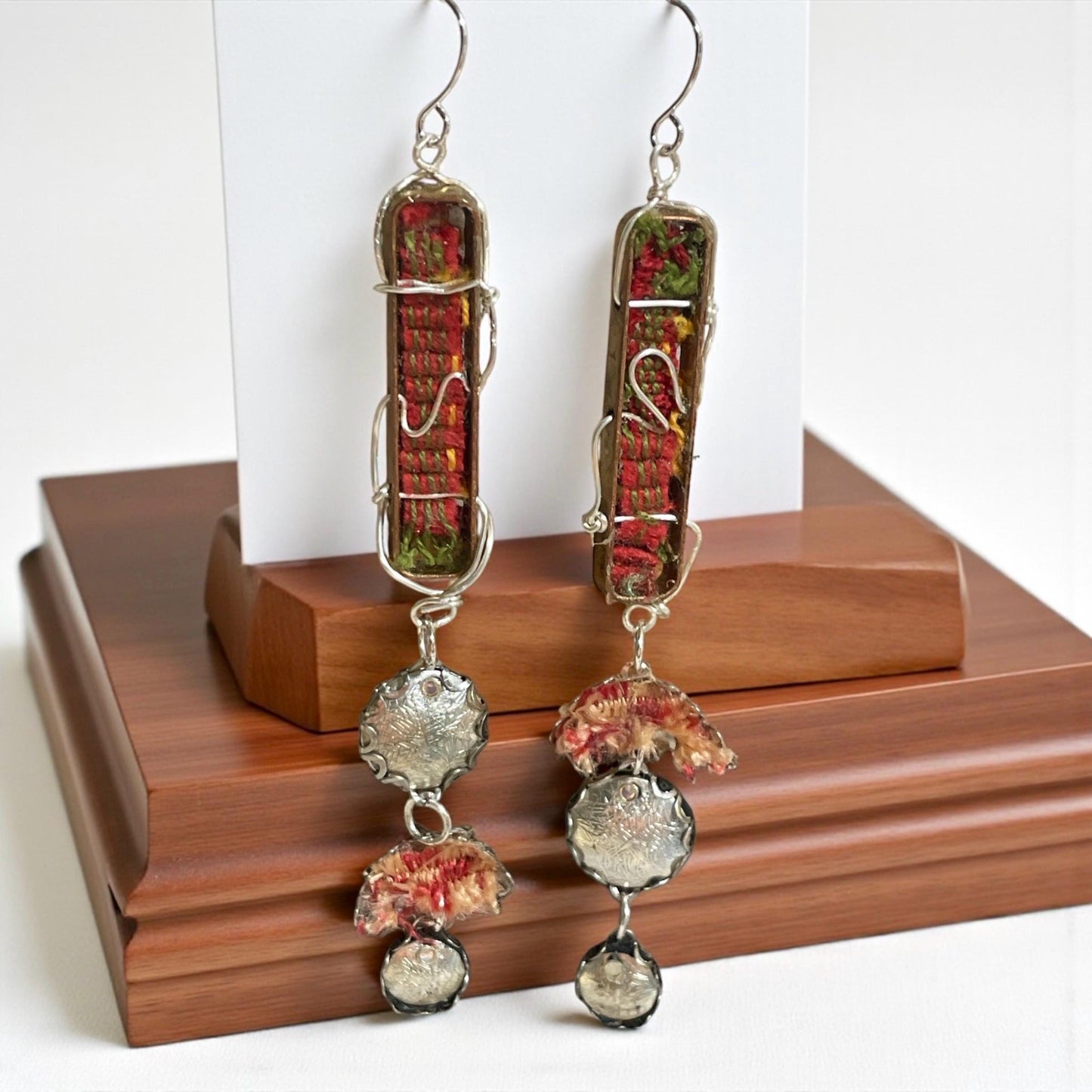 Handmade Textile & Silver Wire Dangle Earrings – Boho Fiber Art Jewelry, Mixed Media Statement Earrings