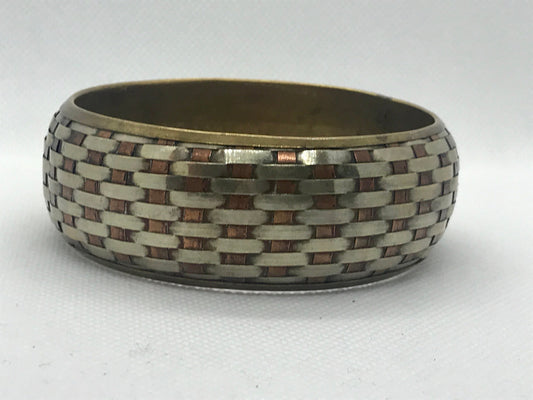 Tri-color metal Basketweave hand woven vintage artisan cuff bracelet