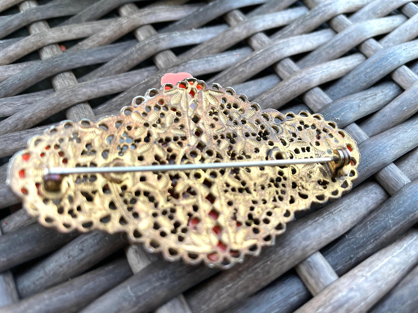 1940s Coral Celluloid Flowers & Cabochons Filigree Brooch Pin