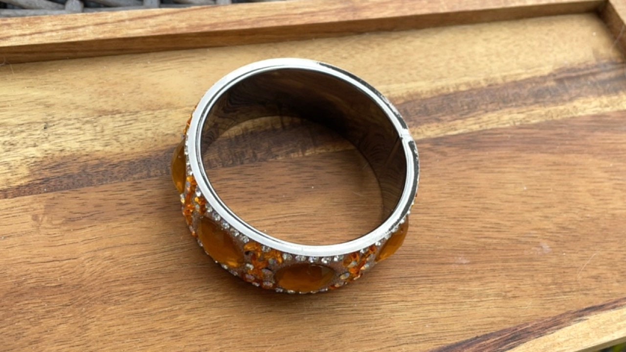 Stunning vintage wide bangle bracelet - orange inlaid rhinestone mosaic