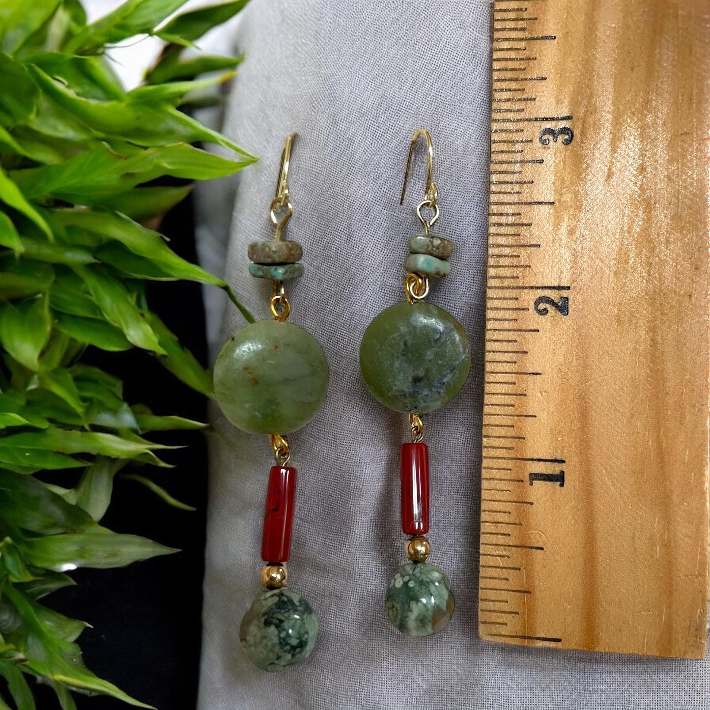 Olive jade, turquoise chips and red stone tubular handmade dangle earrings - Handmade Boho Gemstone Jewelry | Gift for Her