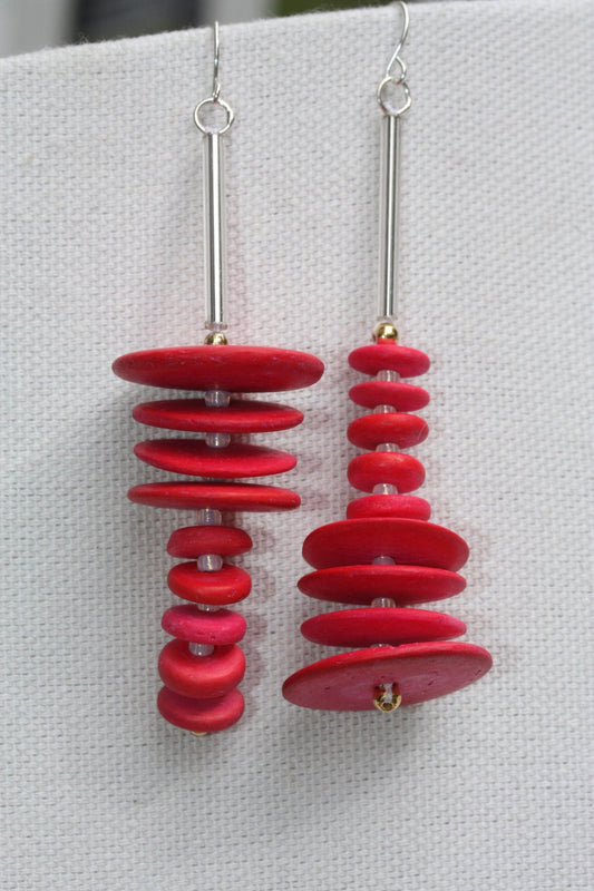 Unique, hand beaded reddish pink wood heishi beads - fun statement earrings