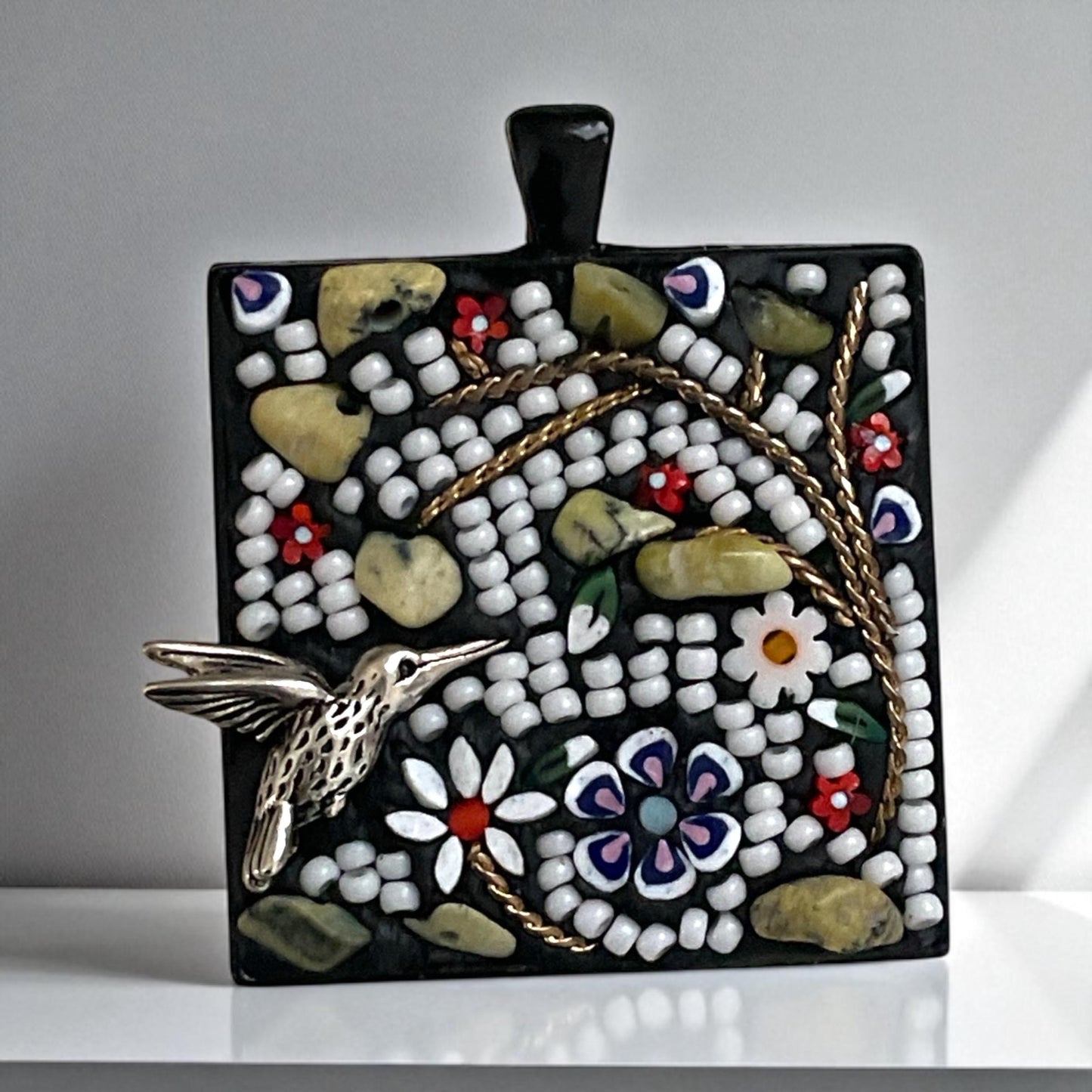 Nature-inspired necklace - handmade with hand cut inlaid murrini glass, seed beads, metal, gemstone chips and mixed materials - 1 & 1/2"