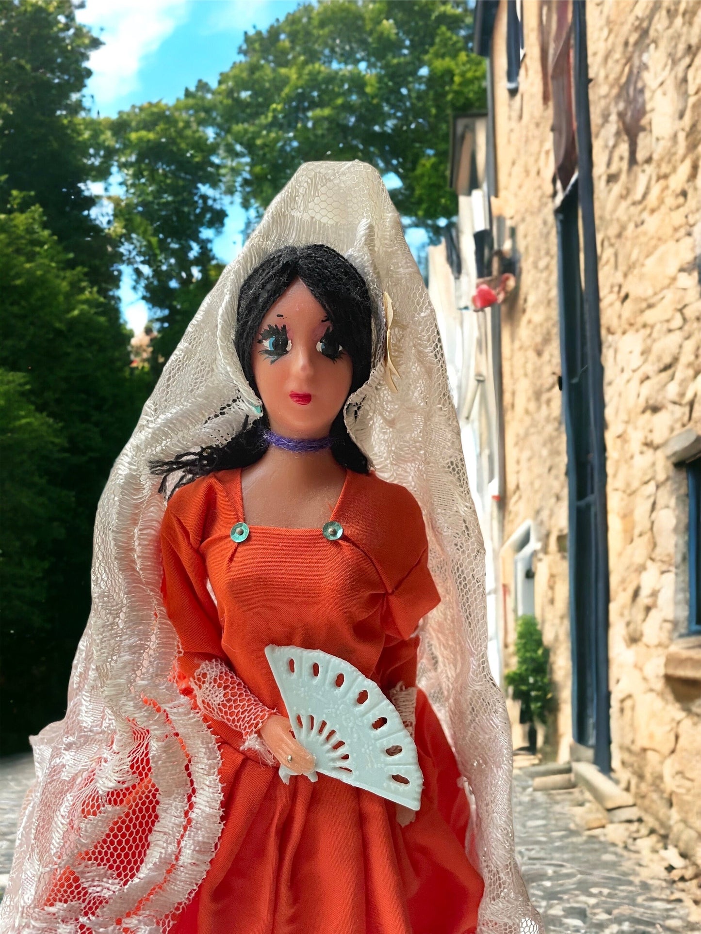 Stunning vintage doll from Mexico - full orange dress, long lace veil, blue fan
