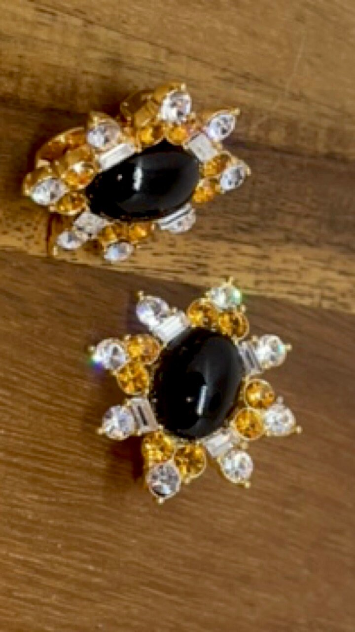 Vintage Runway Couture Black Enamel & Crystal 1980's rare signed Monet clip earrings