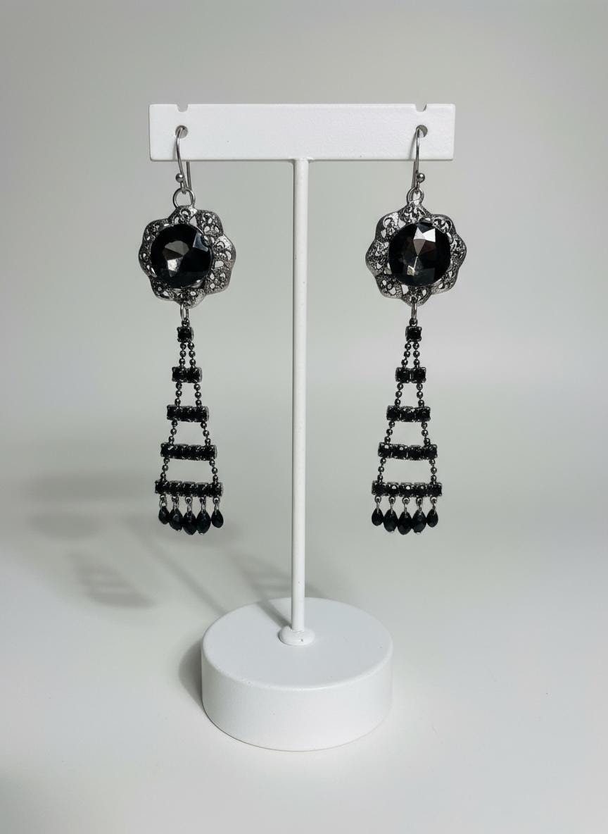 Handmade Earrings with Vintage & New Components – Black Crystal Filigree Dangles – Elegant Statement Jewelry