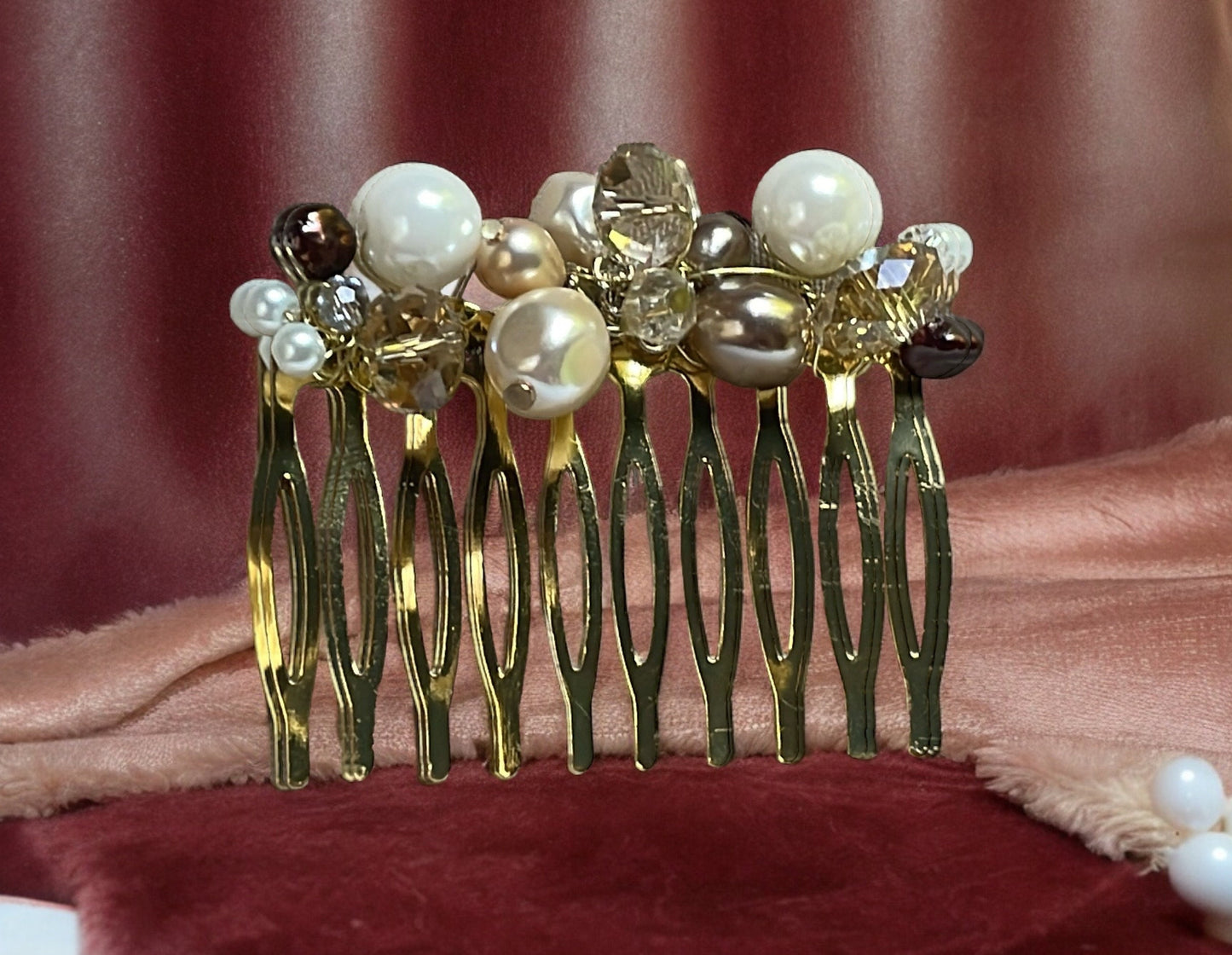 Beaded metal hair comb with crystals and pearls