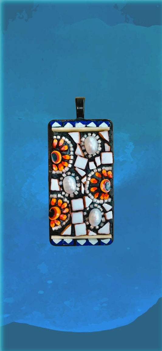 Mexican inspired Handmade mixed material mosaic necklace - micro glazed tiles, hand cut Italian glass, white pearls, glass seed beads