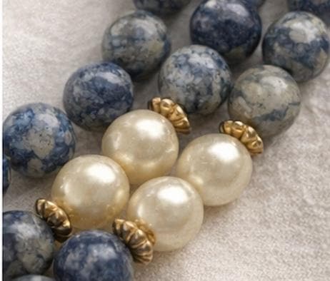 Long Blue Sodalite & Faux Pearl Necklace 32” Vintage Beaded Strand Gold Spacers Layering Statement Jewelry